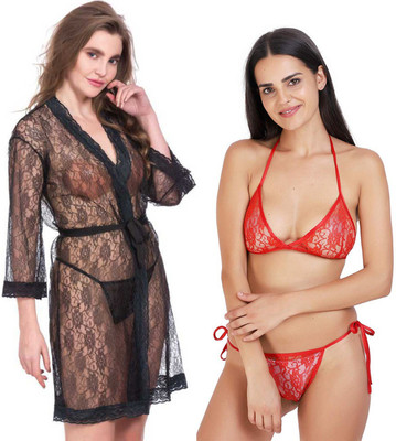 Lovie's Women Robe and Lingerie Set(Black, Red)