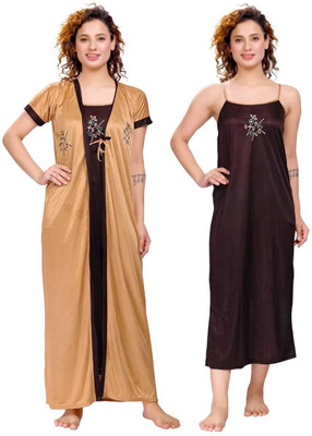 VELEZZA Women Nighty with Robe(Brown, Beige)