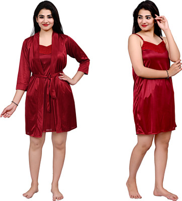 DuskRobe Women Nighty with Robe(Maroon)