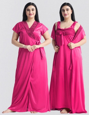 NIGHT KEYS Women Nighty with Robe(Pink)