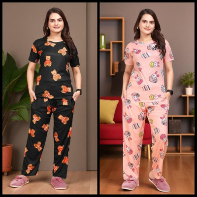 FASHION GREAB Women Printed Black Top & Pyjama Set