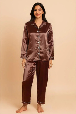 G-KA Women Solid Brown Night Suit Set