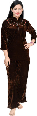 HouseOfCommon Women Solid Brown Top & Pyjama Set