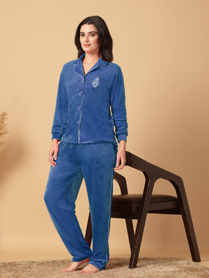 Fabinaliv Women Solid Blue Night Suit Set