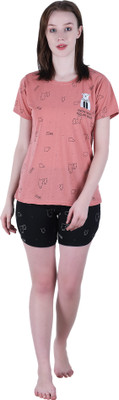 Thansmay kleider Women Printed Pink Top & Shorts Set