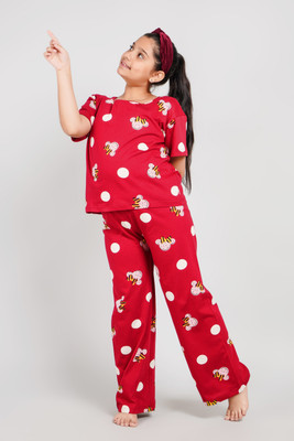 Bloem Girls Self Design Red Top & Pyjama Set