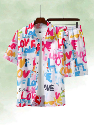SEVENTEENSTITCH Men Printed White Top & Shorts Set