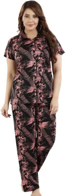 Vania's grace Women Printed Pink, Black Night Suit Set