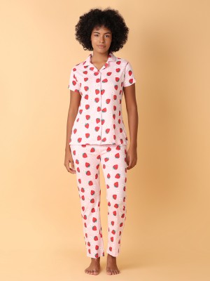 V-MART Women Printed Pink, White Night Suit Set