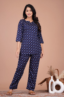 FROEBEL Women Printed Dark Blue Night Suit Set
