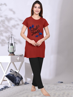 urban trees Women Printed Red Top & Pyjama Set