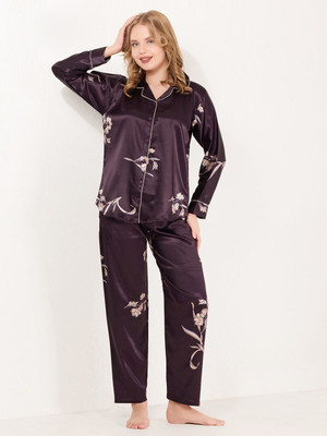 Kattly Women Printed Purple Shirt & Pyjama set