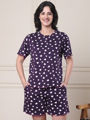 Secret Wish Women Printed Purple Top & Shorts Set