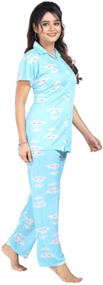 Qunity Women Printed Light Blue Night Suit Set