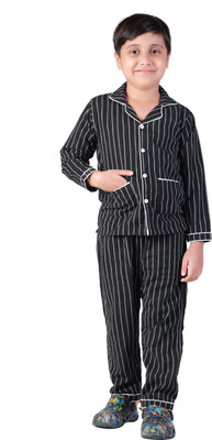 SHIRTSLOGY Boys Striped Black Shirt & Pyjama set
