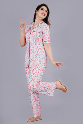 HouseOfCommon Women Printed Pink Shirt & Pyjama set