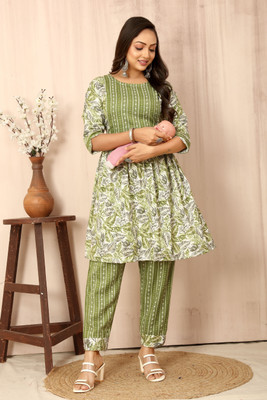 GOVINDDEVFAB Women Printed Green Night Suit Set