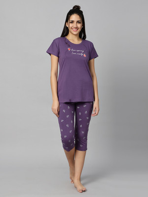 DZZO Women Printed Purple Top & Capri Set