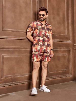 flying queen Men Printed Maroon Top & Shorts Set