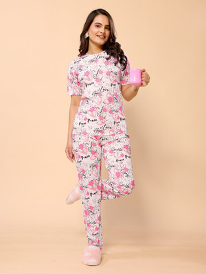 Soor Panchi Women Embellished Pink Night Suit Set