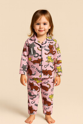 Lazy Shark Girls Printed Multicolor Night Suit Set