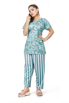 Nefrican Women Printed, Striped Blue Night Suit Set