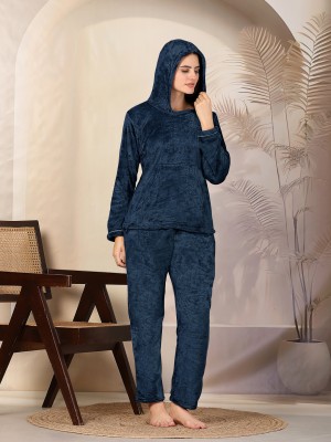 Fabinaliv Women Solid Dark Blue Night Suit Set