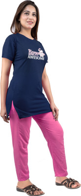 URBE Women Printed Dark Blue Top & Pyjama Set
