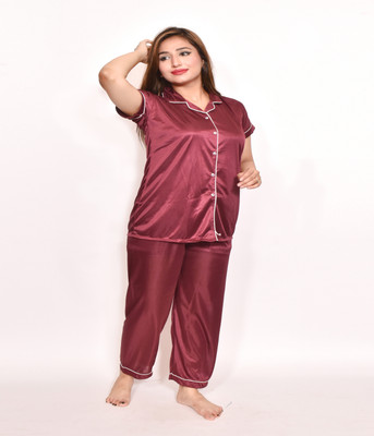 Ansh Collection Women Solid Maroon Night Suit Set