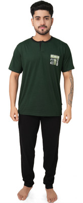 INTER CREATION Men Solid Green, Blue Top & Pyjama Set