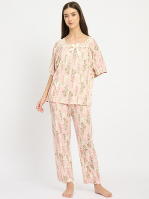 Camey Women Floral Print Beige Top & Pyjama Set