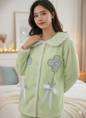 QUINTESSENTIALS Women Self Design Green Night Suit Set