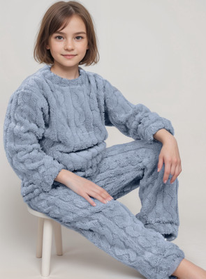 Lugo Kids Nightwear Boys & Girls Self Design Fleece Blend(Blue Pack of 1)