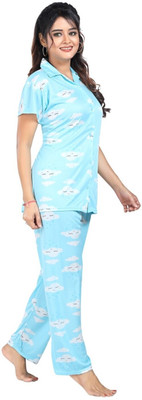 Qunity Women Printed Light Blue Night Suit Set