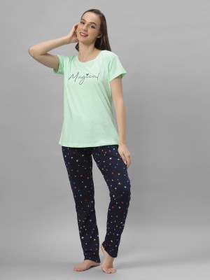 AERINOR Women Printed Light Green Top & Pyjama Set