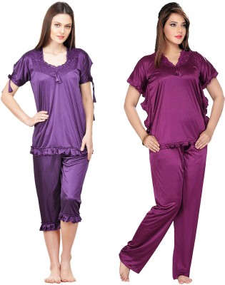 Boosah Women Solid Purple Top & Pyjama Set