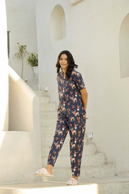 Deshopever Women Animal Print Blue Night Suit Set