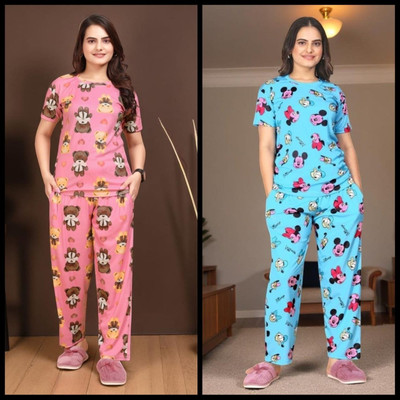 FASHION GREAB Women Printed Pink Top & Pyjama Set