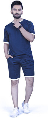 NISPRUH Men Solid Blue Night Suit Set