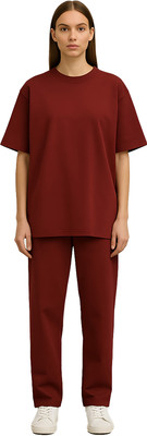 Shonisha Women Solid Maroon Night Suit Set