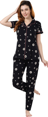 NIGHTVIEW Women Printed Black Shirt & Pyjama set