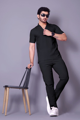 GC FAB Men Solid Black Top & Pyjama Set