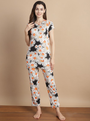 bamboo breeze Women Printed White Top & Pyjama Set
