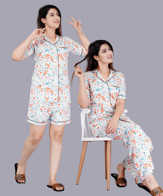HouseOfCommon Women Printed White Night Suit Set