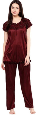 Mansey Women Solid Maroon Top & Pyjama Set