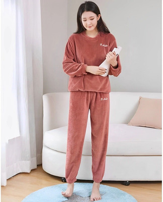 Cut Style Clothing Women Solid Red Night Suit Set