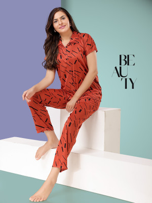 Trade Zone Women Printed Orange Shirt & Pyjama set