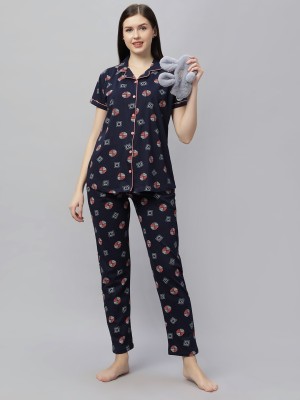 DZZO Women Geometric Print Dark Blue Shirt & Pyjama set