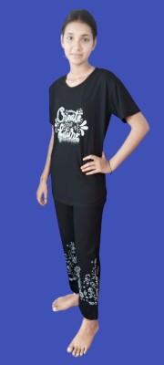 GSGARMENT Women Printed Black Top & Pyjama Set