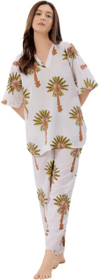 piu Women Printed White Top & Pyjama Set